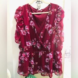 Maurices Burgundy Floral Wrap Looking Top with Frilly Sleeves